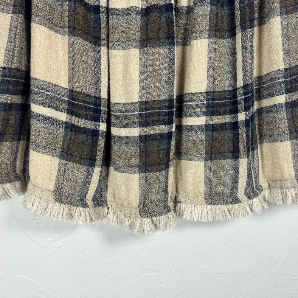 Zara  100% Cotton Shirred Waist Navy Cream Plaid A-Line Skirt Fray Hem Size‎ Med - Picture 5 of 6